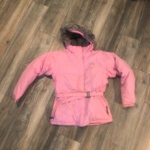 North Face Goose Down Pink Puffer Jacket Girls Xl Nice Fur Hood.